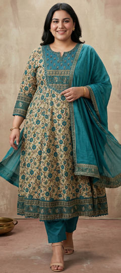 Beige and Brown, Blue color Salwar Kameez in Cotton fabric with Cut Dana, Floral, Printed, Sequence, Thread work