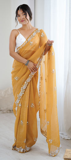 Yellow color Saree in Chiffon fabric with Cut Dana, Moti, Sequence work