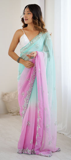 Green color Saree in Chiffon fabric with Cut Dana, Moti, Sequence work
