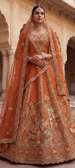 Orange color Lehenga in Silk fabric with Embroidered, Sequence, Stone, Thread, Zari work