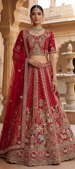 Red and Maroon color Lehenga in Silk fabric with Embroidered, Sequence, Stone, Thread, Zari work