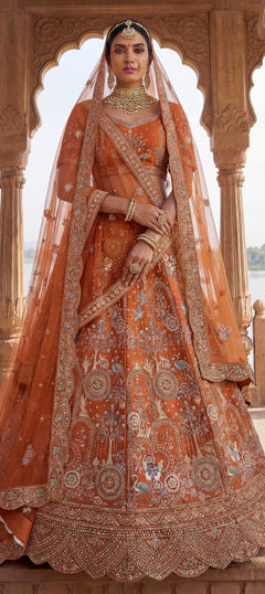 Orange color Lehenga in Silk fabric with Sequence, Stone, Thread, Zari work