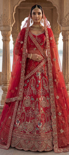 Red and Maroon color Lehenga in Silk fabric with Sequence, Stone, Thread, Zari work
