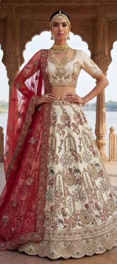White and Off White color Lehenga in Silk fabric with Sequence, Stone, Thread, Zari work