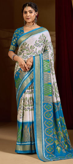 Blue, White and Off White color Saree in Tussar Silk fabric with Printed, Weaving work