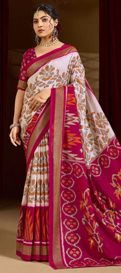 Red and Maroon, White and Off White color Saree in Tussar Silk fabric with Printed, Weaving work