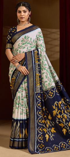 Blue, White and Off White color Saree in Tussar Silk fabric with Printed, Weaving work