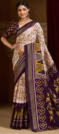 Purple and Violet, White and Off White color Saree in Tussar Silk fabric with Printed, Weaving work