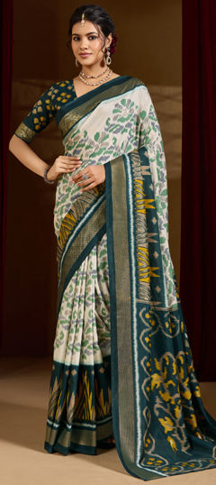 Green, White and Off White color Saree in Tussar Silk fabric with Printed, Weaving work
