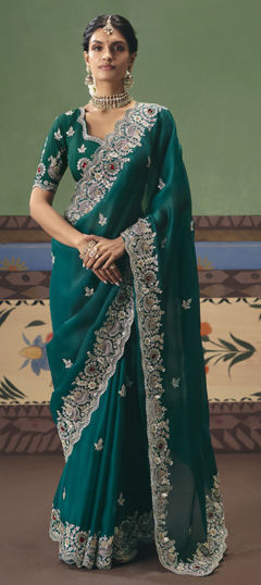 Green color Saree in Tissue fabric with Bugle Beads, Sequence, Thread work