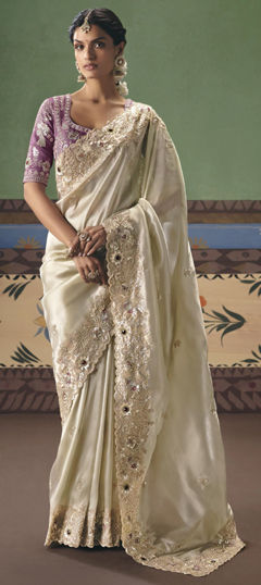 White and Off White color Saree in Tissue fabric with Bugle Beads, Sequence, Thread work