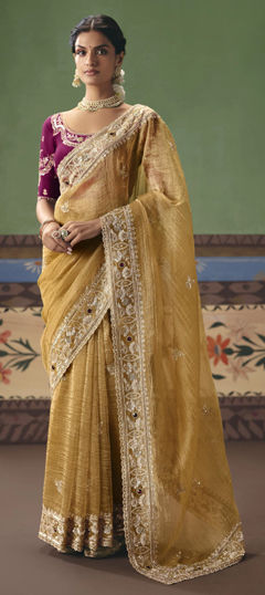 Beige and Brown color Saree in Tissue fabric with Bugle Beads, Sequence, Thread work
