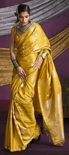 Yellow color Saree in Satin Silk fabric with Weaving work