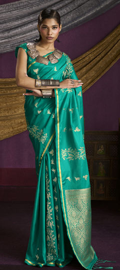 Green color Saree in Satin Silk fabric with Weaving work