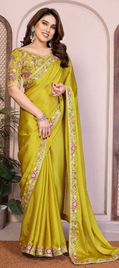 Yellow color Saree in Chiffon fabric with Embroidered, Sequence, Thread work