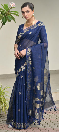 Blue color Saree in Linen fabric with Weaving work