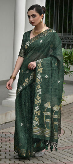 Green color Saree in Linen fabric with Weaving work