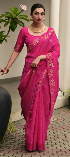 Pink and Majenta color Saree in Linen fabric with Weaving work