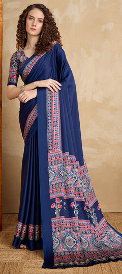 Blue color Saree in Satin fabric with Printed work