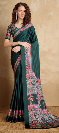 Green color Saree in Satin fabric with Printed work