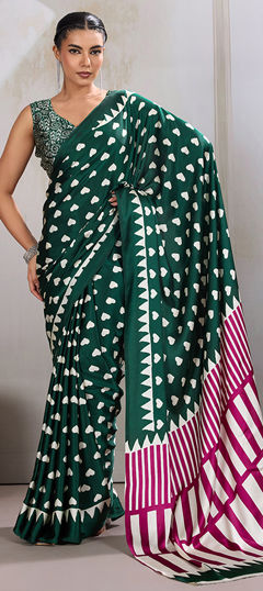 Green color Saree in Satin fabric with Printed work