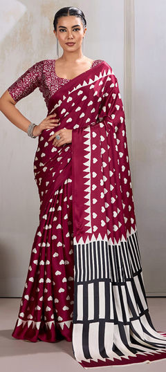Red and Maroon color Saree in Satin fabric with Printed work