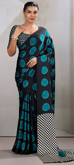 Black and Grey color Saree in Satin fabric with Printed work