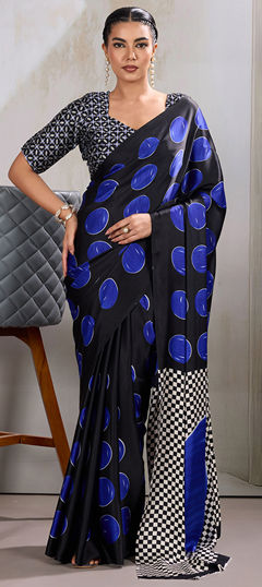 Black and Grey color Saree in Satin fabric with Printed work