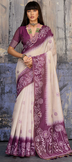 Purple and Violet, White and Off White color Saree in Blended Cotton fabric with Printed work