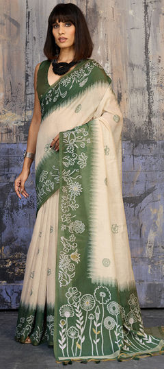 Green, White and Off White color Saree in Blended Cotton fabric with Printed work