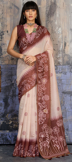 Beige and Brown, White and Off White color Saree in Blended Cotton fabric with Printed work