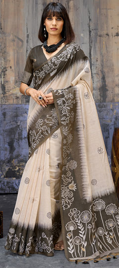 Black and Grey, White and Off White color Saree in Blended Cotton fabric with Printed work