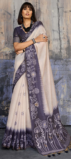Blue, White and Off White color Saree in Blended Cotton fabric with Printed work