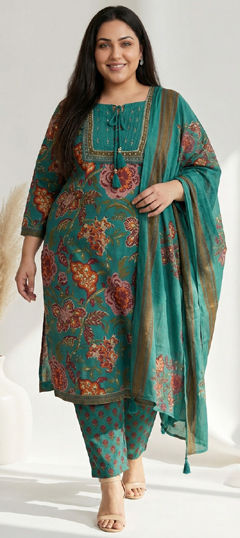 Blue color Salwar Kameez in Cotton fabric with Bugle Beads, Cut Dana, Floral, Printed, Sequence work