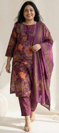 Pink and Majenta color Salwar Kameez in Cotton fabric with Bugle Beads, Cut Dana, Floral, Printed, Sequence work