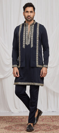 Blue color IndoWestern Dress in Viscose fabric with Bugle Beads, Cut Dana work