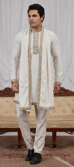 White and Off White color Kurta Pyjamas in Viscose fabric with Bugle Beads, Cut Dana work