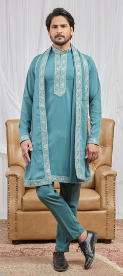 Blue color Kurta Pyjamas in Viscose fabric with Bugle Beads, Cut Dana work