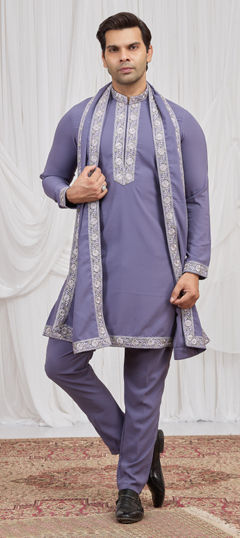 Purple and Violet color Kurta Pyjamas in Viscose fabric with Bugle Beads, Cut Dana work