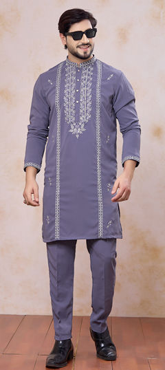 Purple and Violet color Kurta Pyjamas in Viscose fabric with Embroidered, Mirror work