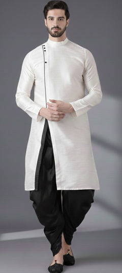 White and Off White color Dhoti Kurta in Dupion Silk fabric with Embroidered work