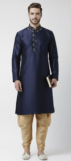 Blue color Dhoti Kurta in Dupion Silk fabric with Embroidered, Thread work