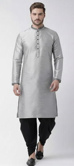 Black and Grey color Dhoti Kurta in Dupion Silk fabric with Embroidered, Thread work