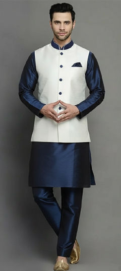 Black and Grey, White and Off White color Kurta Pyjama with Jacket in Dupion Silk fabric with Thread work