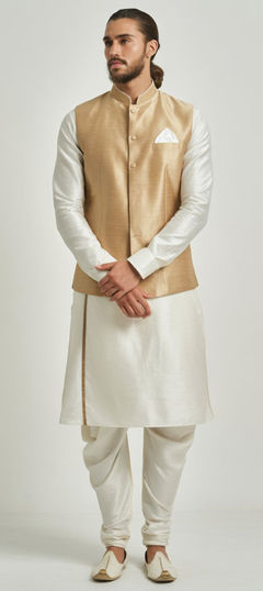 Gold color Kurta Pyjama with Jacket in Dupion Silk fabric with Thread work