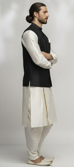 Black and Grey, White and Off White color Kurta Pyjama with Jacket in Dupion Silk fabric with Thread work