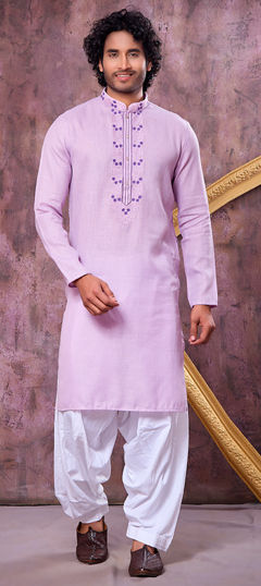Purple and Violet color Kurta Pyjamas in Cotton fabric with Embroidered work