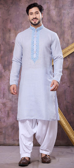 Blue color Kurta Pyjamas in Cotton fabric with Embroidered work