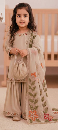 White and Off White color Kids Salwar in Silk fabric with Embroidered, Sequence work