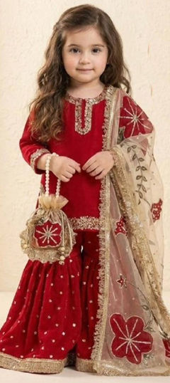 Red and Maroon color Kids Salwar in Silk fabric with Embroidered, Sequence work